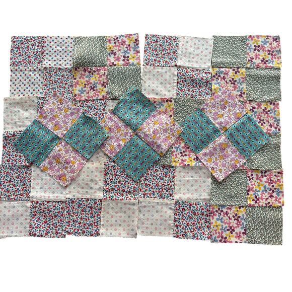 Hand Sewn Patchwork quilt squares (15) multicolor blocks cotton 1940s 4-patch - Picture 1 of 10